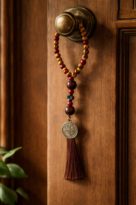 Saint Benedict Door Hanger – Wood Beads, Black Wood Cross, Handmade in Ontario - Catholic Gifts Canada