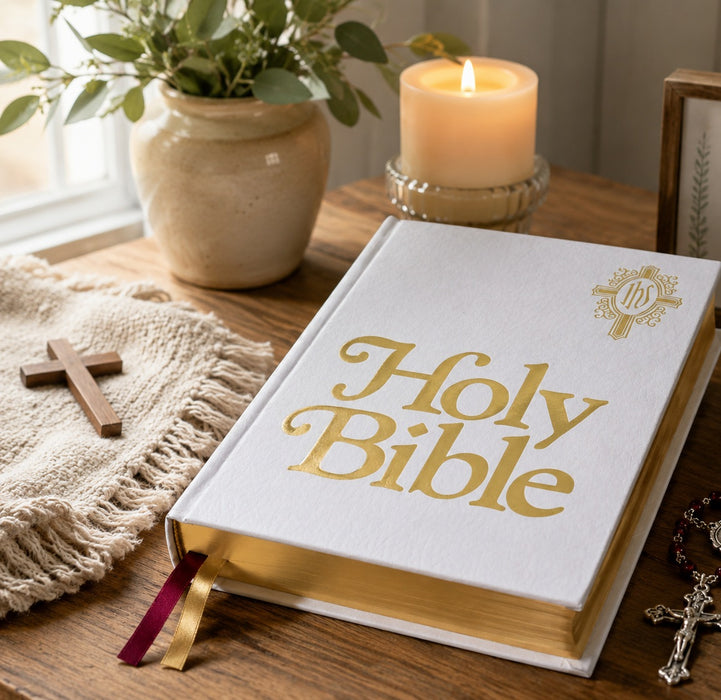 New Catholic Bible (NCB) Family Edition, White Padded Leatherette, Large Print, World Catholic Press