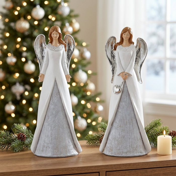 Both 8-inch angels displayed together in a Christmas setting