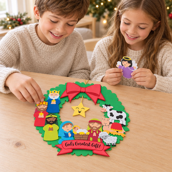 Children assembling the Nativity wreath craft kit
