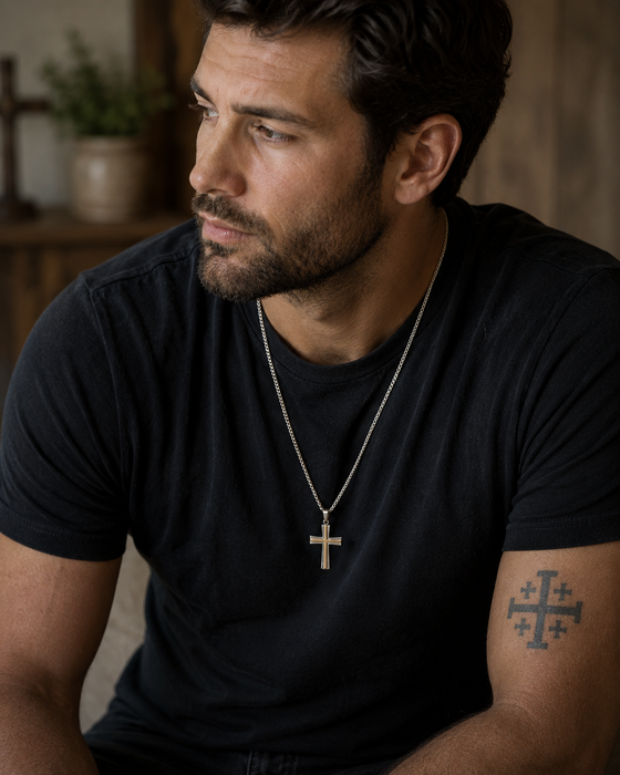 Men's Two-Tone Rhodium-Plated Cross Necklace, 1.5" Cross, 24" Chain