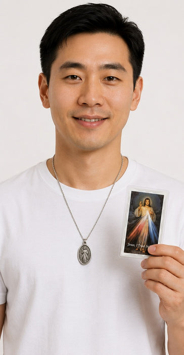 Divine Mercy Medal Necklace with Prayer Card, 3/4" Medal on 24" Chain