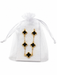 Gold-tone bracelet with five black enamel-look crosses displayed on a silver-patterned card inside a white organza gift pouch.