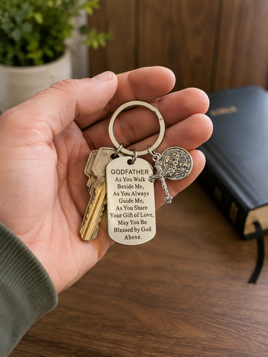 Godfather Catholic keychain with crucifix and Saint Benedict medal
