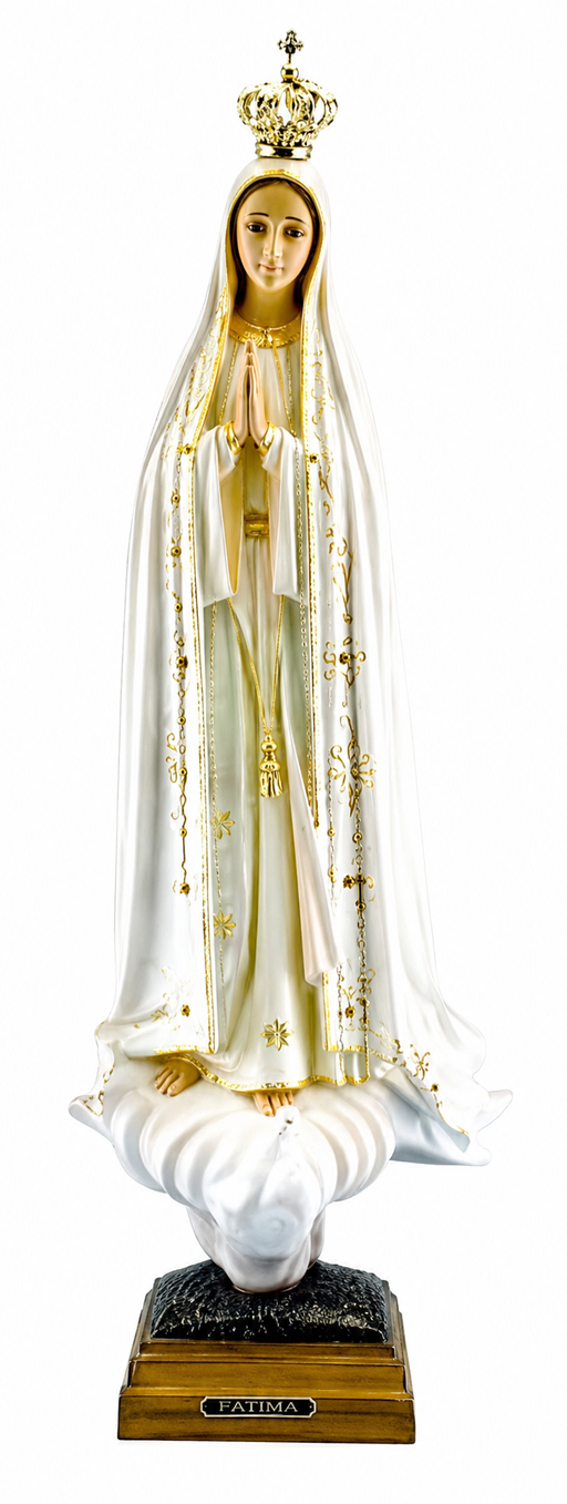12-inch Our Lady of Fatima statue in ivory resin with finely sculpted robes and serene expression, depicted standing in prayer on a simple base with traditional Marian detailing.