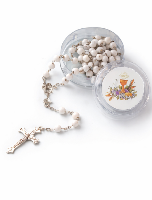 White Wood Bead First Communion Rosary for Girls or Boys with Rose Scent & Octagonal Acrylic Keepsake Box - Catholic Gifts Canada