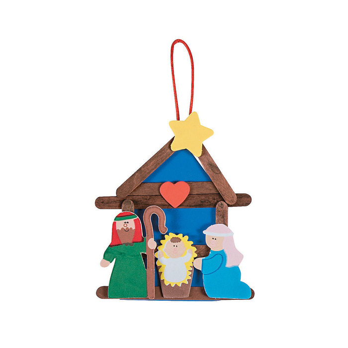 Assembled Nativity ornament with wooden craft-stick stable, Mary, Joseph, baby Jesus, yellow star and red hanging ribbon