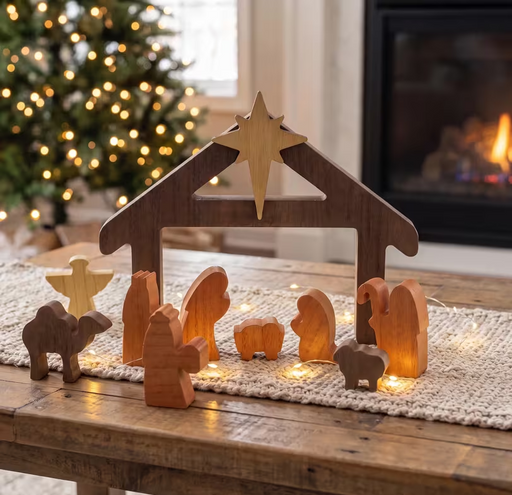 Minimalist wooden Nativity set displayed on a rustic table beside a Christmas tree and fireplace, with decorative lights