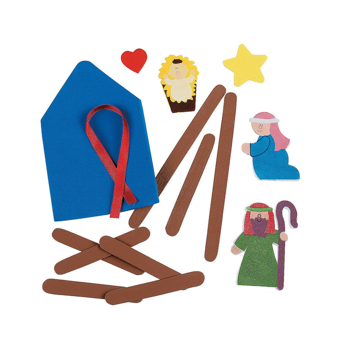 Nativity ornament craft kit pieces with blue backing, wooden sticks, Holy Family foam figures, yellow star, red heart and ribbon