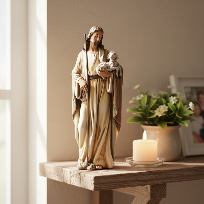 6.25 inch Good Shepherd resin statue displayed on a wooden shelf with soft natural light and a candle nearby