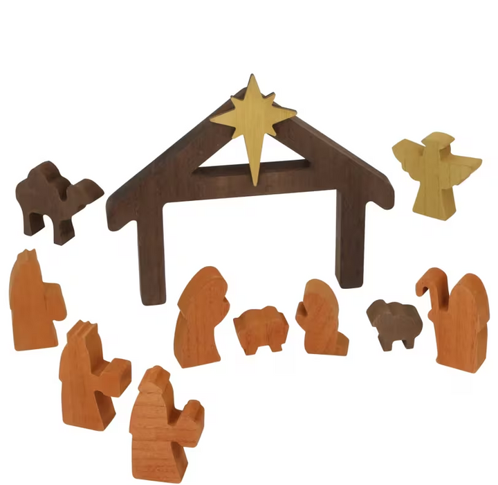 Eleven-piece minimalist wooden Nativity set with silhouette figures, animals and a dark wooden stable topped with a star