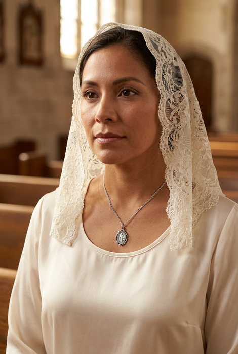 Latina woman wearing an ivory chapel veil and the Miraculous Medal necklace