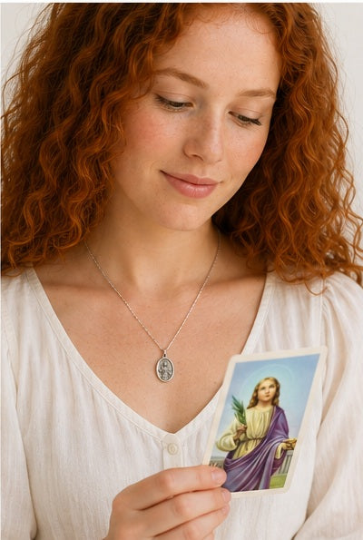St. Lucy Medal Necklace with Prayer Card, 3/4" Oxidized Medal on 24" Chain