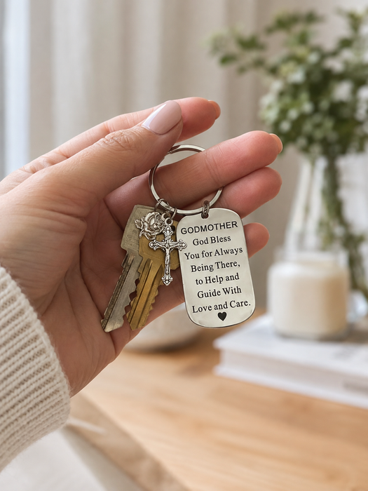 Godmother Catholic keychain with crucifix and rose Our Lady medal