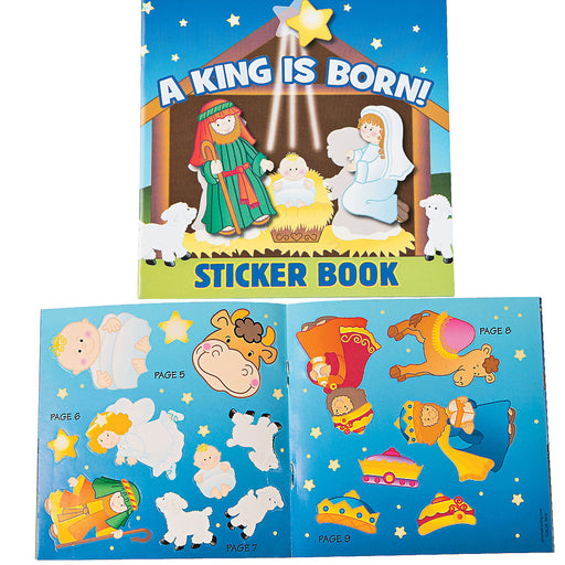 A King Is Born Nativity sticker book showing Mary, Joseph and baby Jesus on the cover, with colourful Nativity character stickers