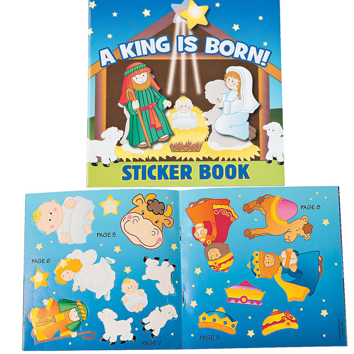 A King Is Born Nativity sticker book showing Mary, Joseph and baby Jesus on the cover, with colourful Nativity character stickers