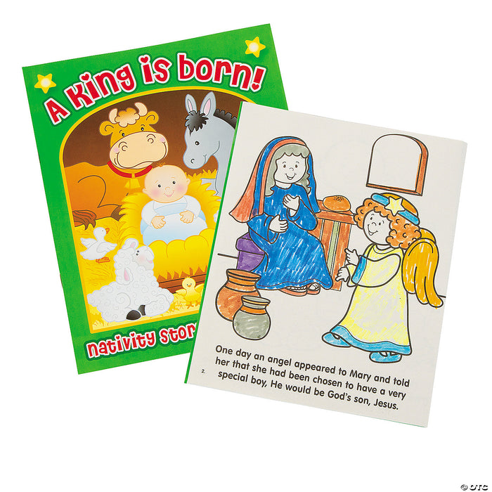 A King Is Born Nativity Story Colouring Book with baby Jesus on the green cover and a sample page showing Mary and an angel