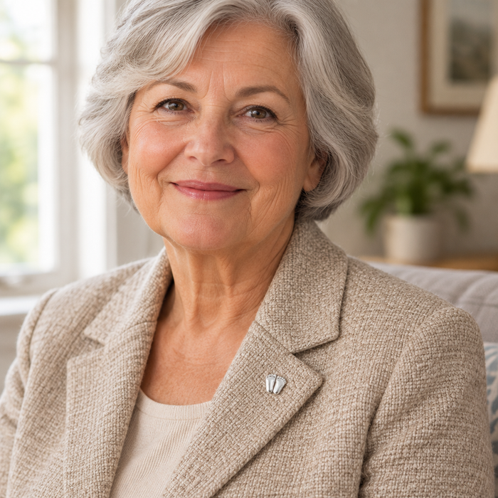Older woman wearing the Precious Feet lapel pin