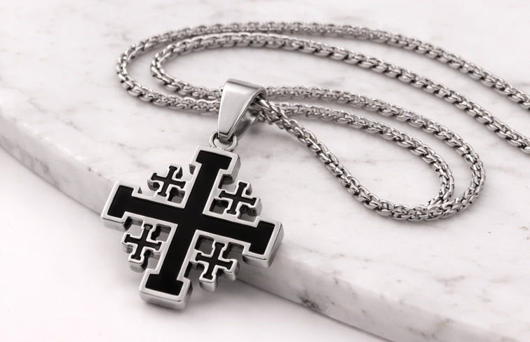 Jerusalem Cross Necklace – Stainless Steel on 24" Chain