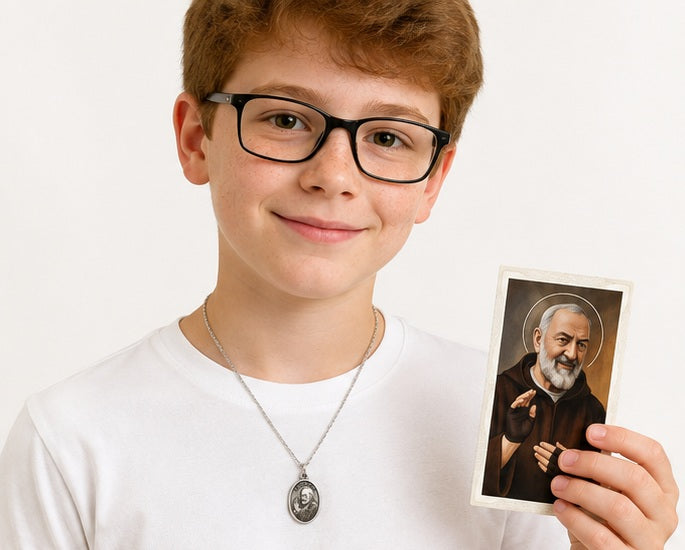 St. Padre Pio Medal Necklace with Prayer Card, 3/4" Medal on 24" Chain