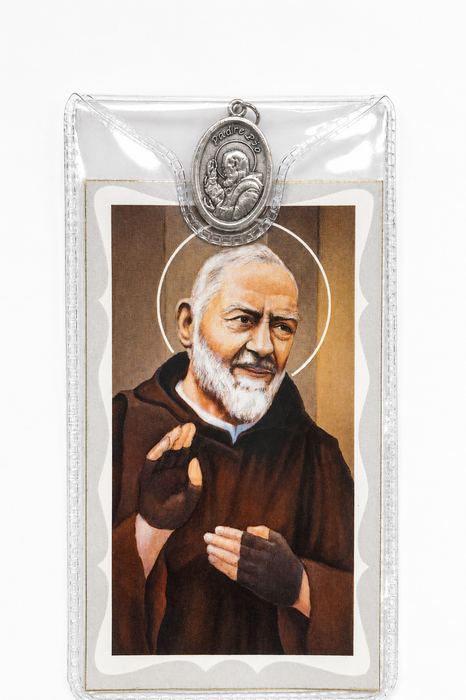 St. Padre Pio Medal Necklace with Prayer Card, 3/4" Medal on 24" Chain