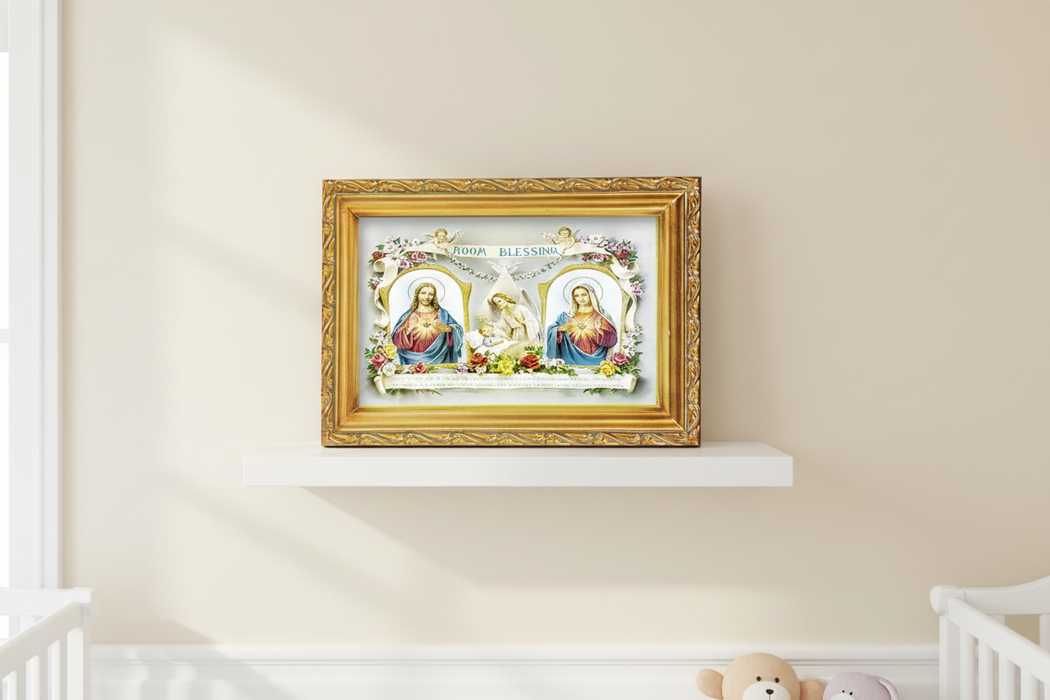 Sacred Hearts Room Blessing Frame on Nursery Shelf