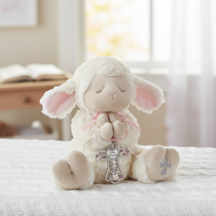 Serenity Lamb with Crib Cross for a Girl - Lifestyle
