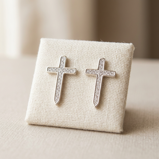 Silver cross stud earrings on an ivory linen jewelry display with a neutral background