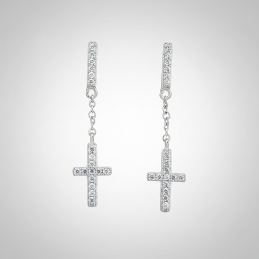 Silver Dangling Cross Earring with CZ on Simple Background
