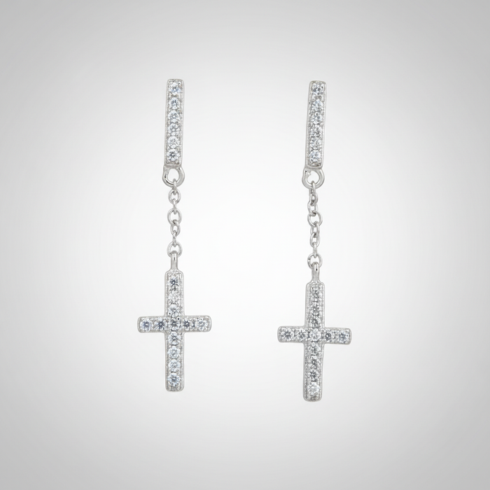Silver Dangling Cross Earring with CZ on Simple Background