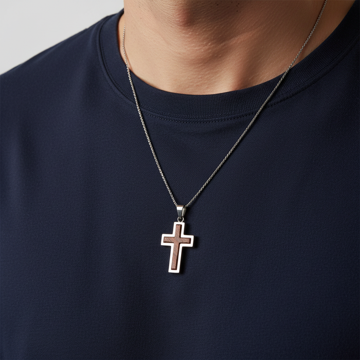 Stainless Steel Wood Cross Necklace - Small Pendant