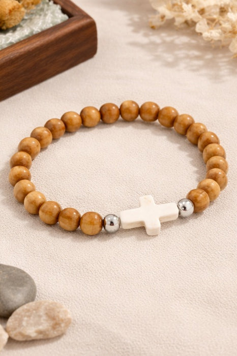 Stone Cross Wood Bead Stretch Bracelet – Christian Faith Bracelet
