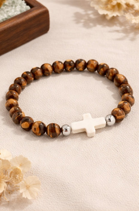 Stone Cross Wood Bead Stretch Bracelet – Christian Faith Bracelet