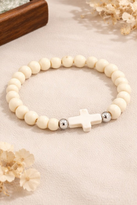 Stone Cross Wood Bead Stretch Bracelet – Christian Faith Bracelet