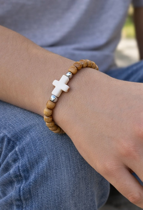 Stone Cross Wood Bead Stretch Bracelet – Christian Faith Bracelet