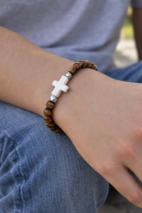 Stone Cross Wood Bead Stretch Bracelet – Christian Faith Bracelet