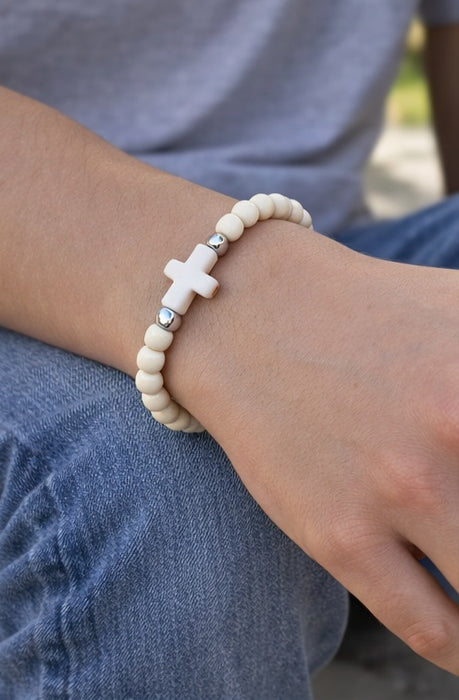 Stone Cross Wood Bead Stretch Bracelet – Christian Faith Bracelet