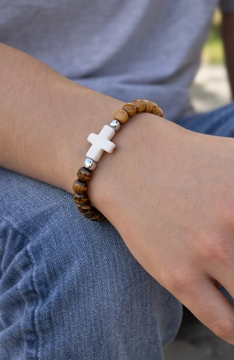 Stone Cross Wood Bead Stretch Bracelet – Christian Faith Bracelet