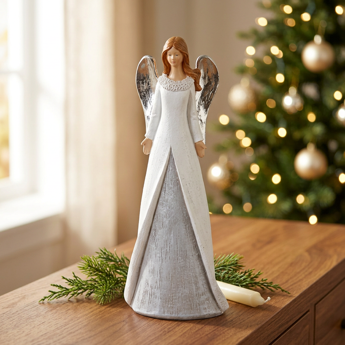 White angel figurine in a warm Christmas setting