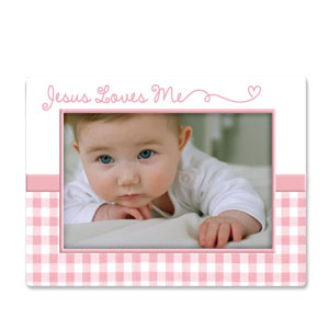 Jesus Loves Me Frame in Pink Gingham - Catholic Gifts Canada