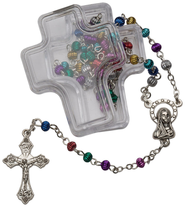 Multi-Coloured Metal Bead Rosary in Cross Box - Catholic Gifts Canada