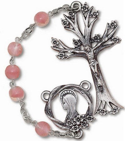 Pink Frosted Glass Bead Dogwood Rosary - Catholic Gifts Canada
