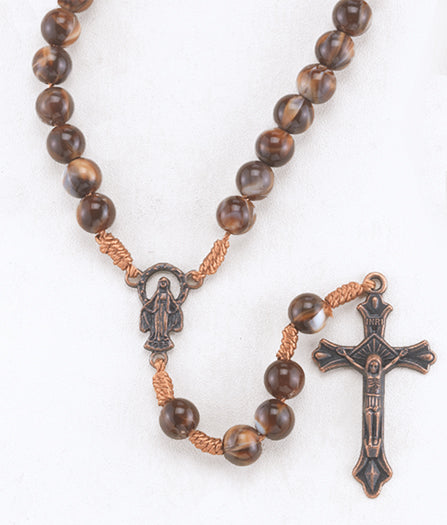 Round Marbleized Brown Bead Rosary - Catholic Gifts Canada