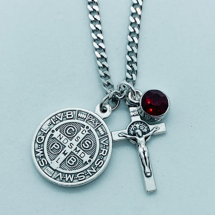 Saint Benedict Medal and Crucifix Birthstone Necklace