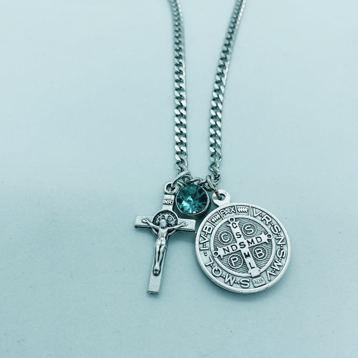 Saint Benedict Medal and Crucifix Birthstone Necklace