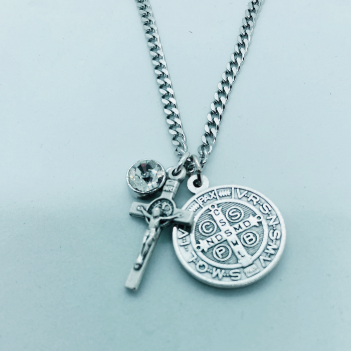 Saint Benedict Medal and Crucifix Birthstone Necklace