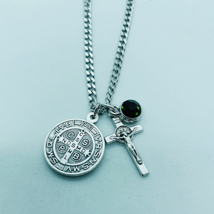 Saint Benedict Medal and Crucifix Birthstone Necklace