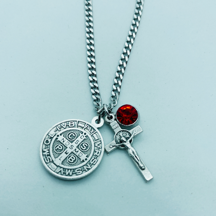 Saint Benedict Medal and Crucifix Birthstone Necklace