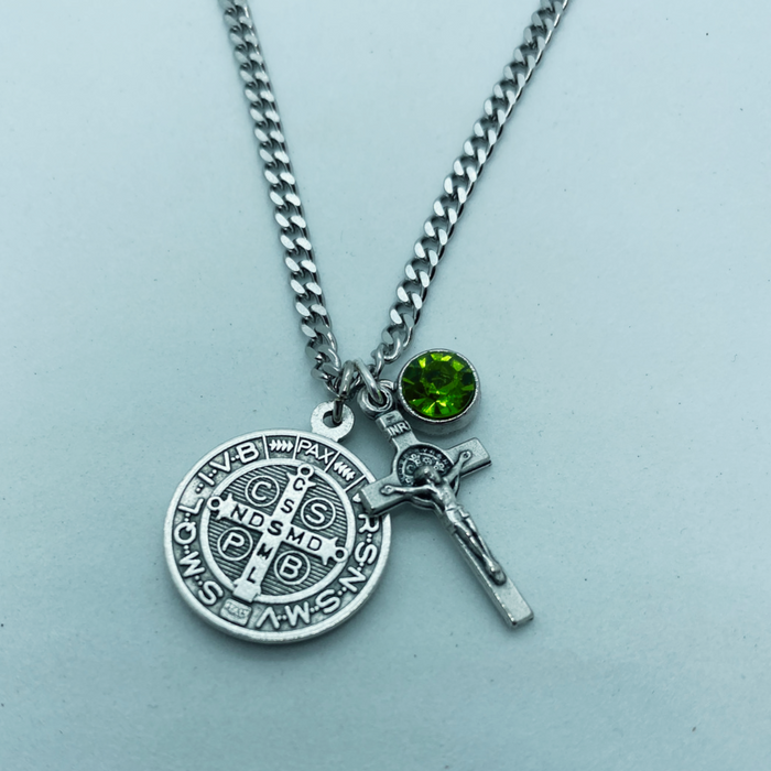 Saint Benedict Medal and Crucifix Birthstone Necklace