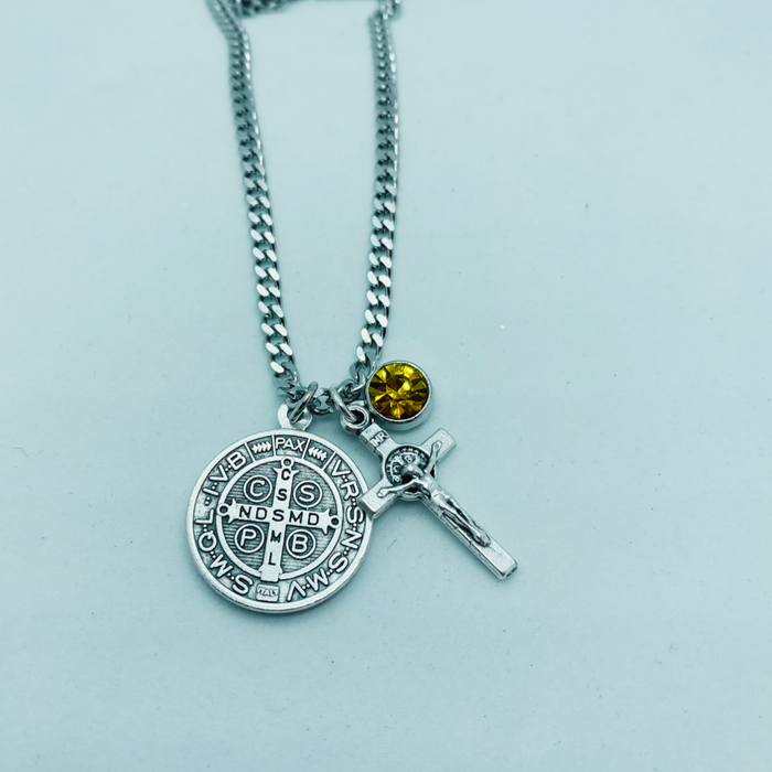 Saint Benedict Medal and Crucifix Birthstone Necklace